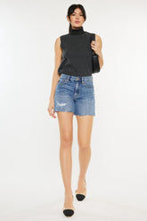 Kancan Women's High Waist Distressed Denim Shorts with Raw Hem - Trendy & Comfortable